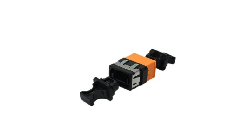 Comparison of an MPO adapter and an MPO connector showing the adapter as a panel-mounted coupler and the connector as the cable-end component. Comparison of an MPO adapter and an MPO connector showing the adapter as a panel-mounted coupler and the connector as the cable-end component.