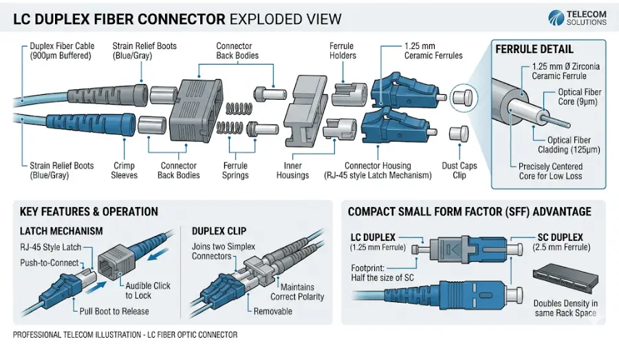 Labeled structure diagram of an LC fiber connector showing ferrule, latch, and duplex design