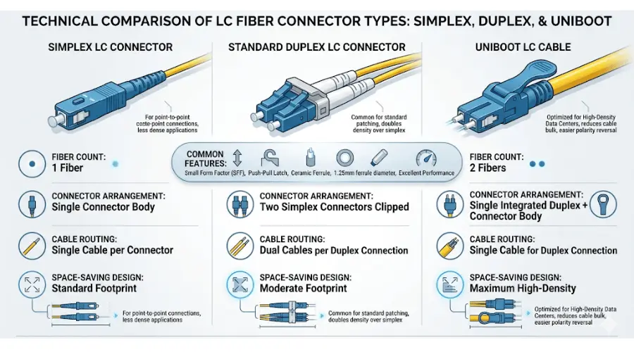 Simplex LC, duplex LC, and uniboot LC cable comparison for fiber patching applications