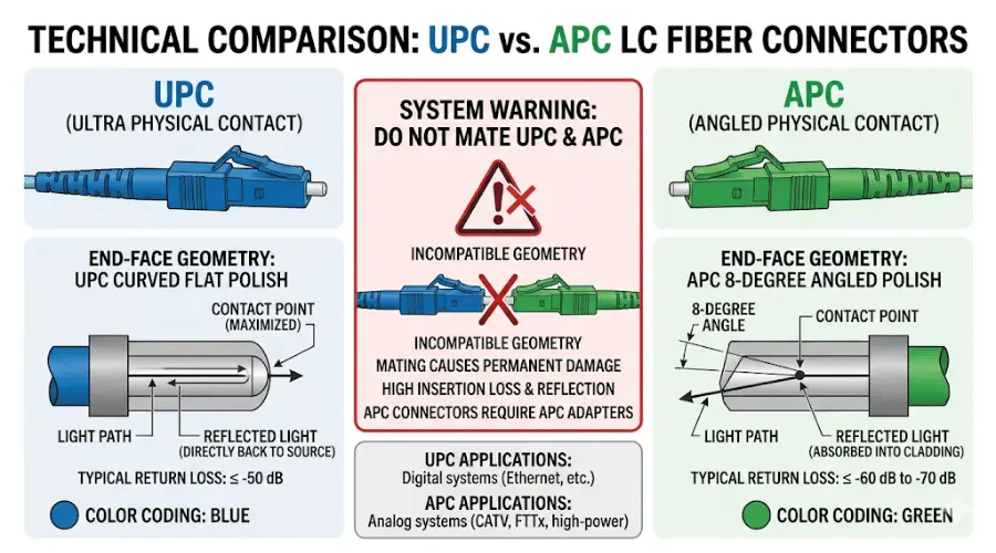 UPC vs APC LC connector polish comparison showing end-face angle and color coding