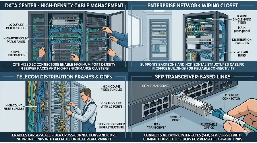 Common applications of LC fiber connectors in data centers, enterprise networks, telecom, and SFP links Common applications of LC fiber connectors in data centers, enterprise networks, telecom, and SFP links