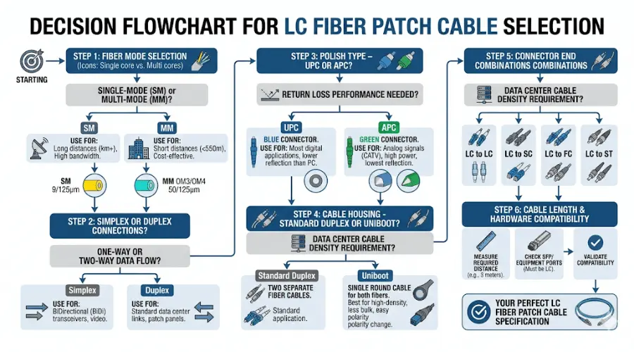 Decision flowchart for choosing the right LC fiber patch cable for a network project Decision flowchart for choosing the right LC fiber patch cable for a network project