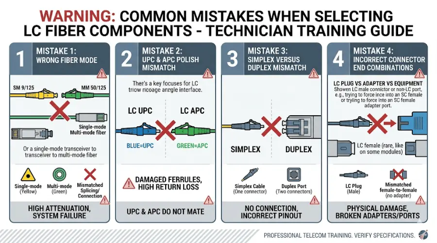 Common LC fiber connector selection mistakes including fiber mode and polish mismatches