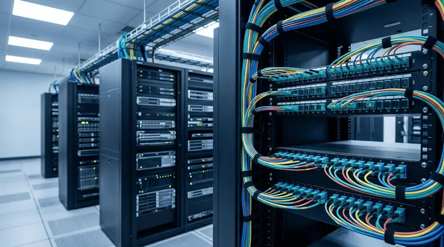 MTP fiber optic connectors used in a high-density data center cabling environment