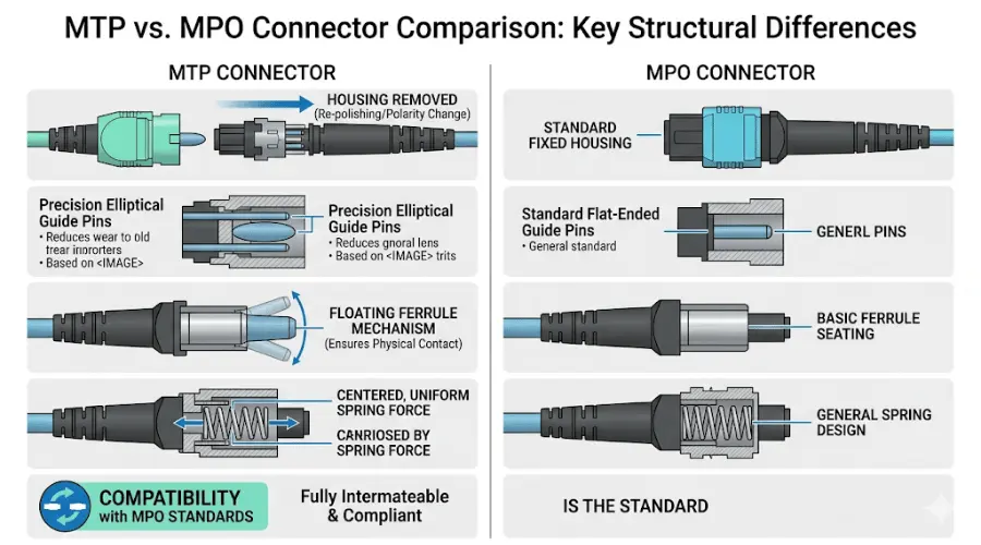 Visual comparison between MTP and MPO fiber optic connectors showing key structural and performance differences