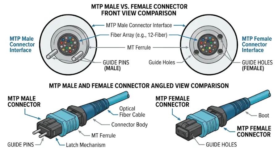 MTP male and female connector structure showing guide pins and guide holes