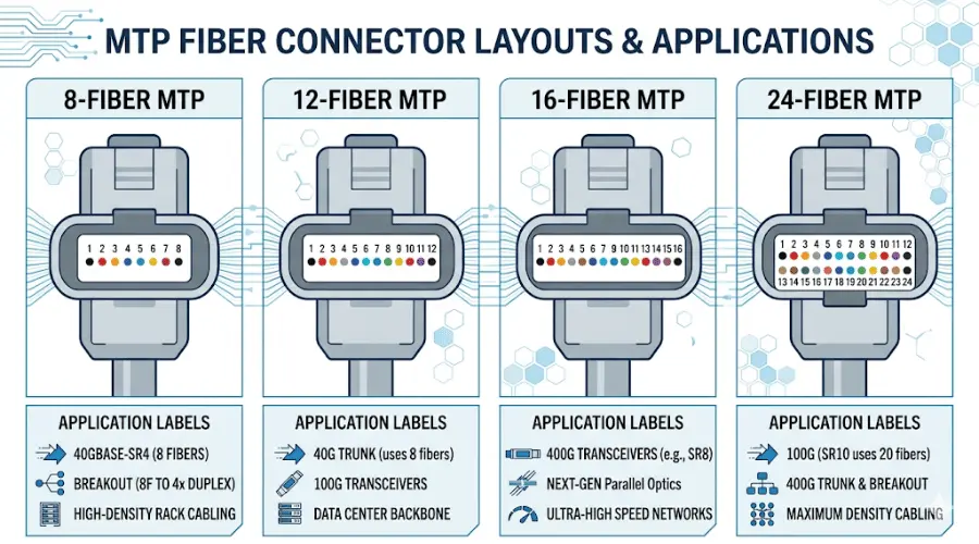 MTP connector fiber count comparison showing 8 fiber 12 fiber 16 fiber and 24 fiber layouts