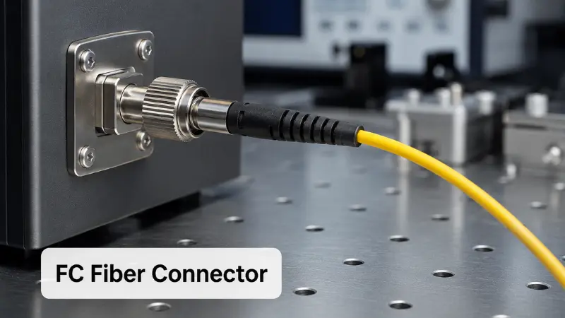 Photorealistic image of an FC fiber connector connected to an adapter port, showing its threaded coupling structure