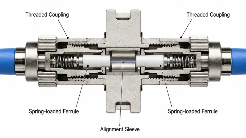 Technical image showing how an FC fiber connector uses threaded coupling and ferrule alignment to create a stable optical connection