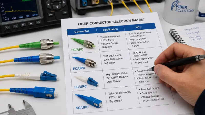 Engineer comparing FC, LC, and SC fiber connectors using a connector selection matrix