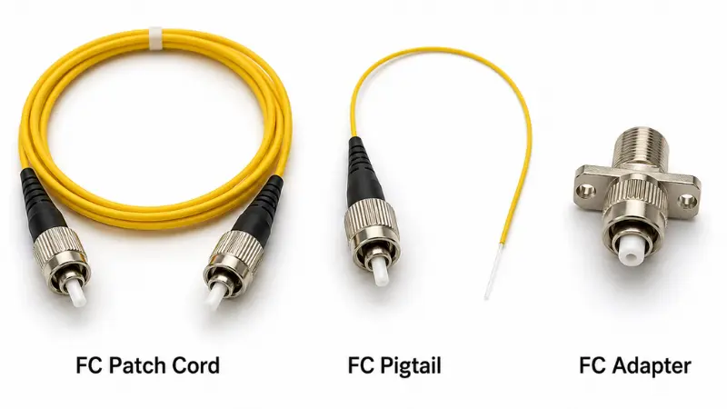 Photorealistic comparison of an FC patch cord, FC pigtail, and FC adapter