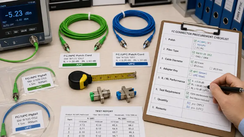 Procurement checklist image showing key factors to confirm before ordering FC fiber connectors