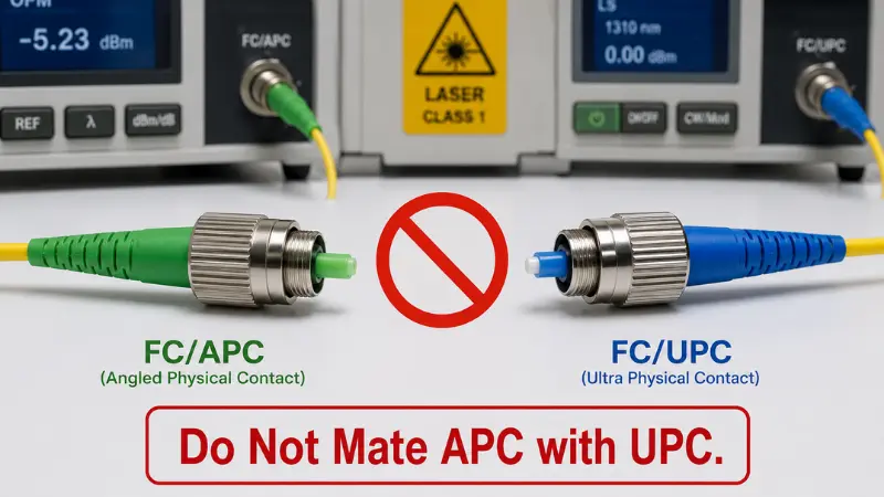 Warning image showing that FC/APC and FC/UPC connectors should not be mated together because of polish mismatch