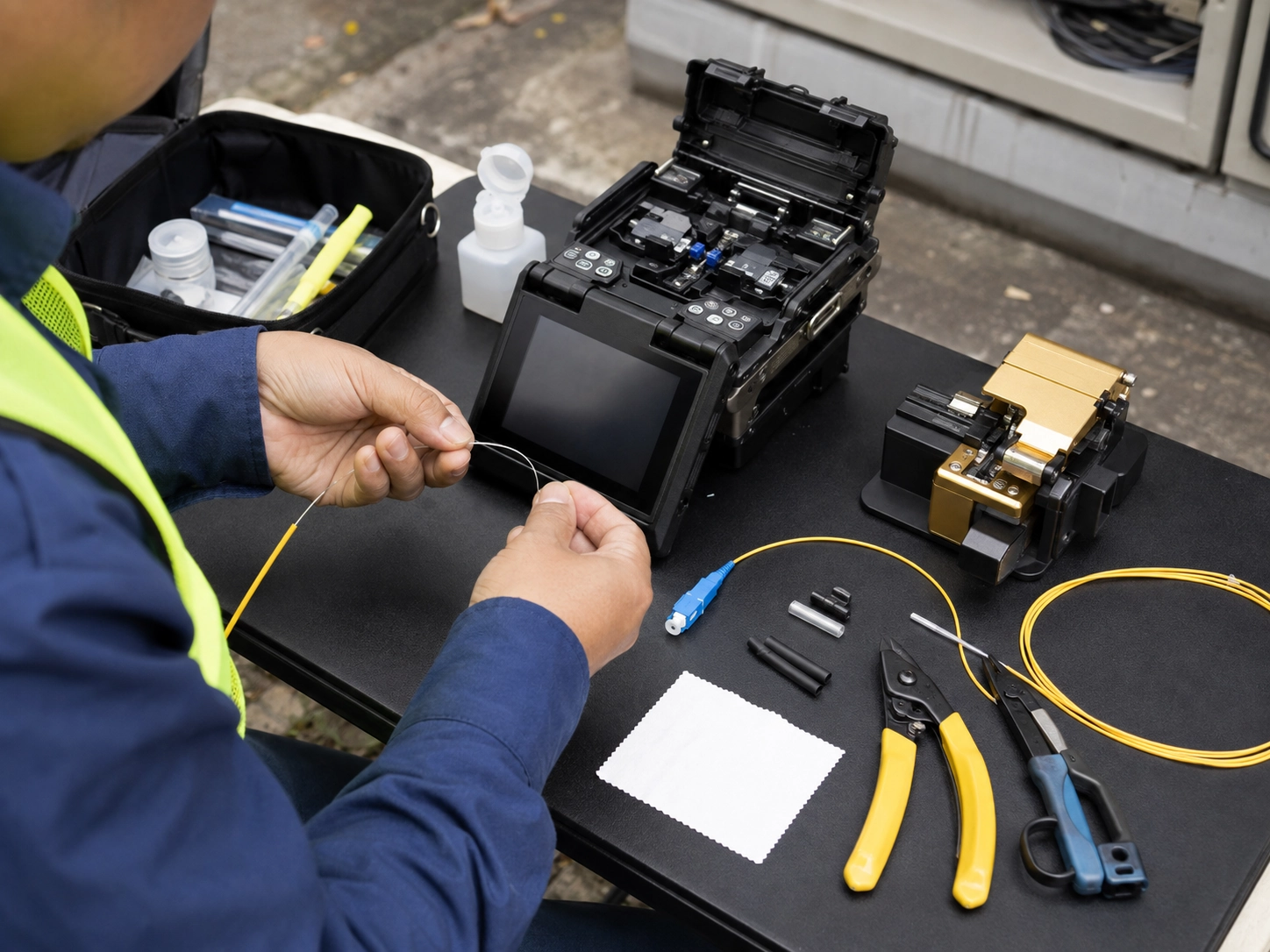 Field technician preparing single mode fiber pigtail fusion splicing with precision cleaver and fusion splicer machine before carrying out post-splice acceptance testing Field technician preparing single mode fiber pigtail fusion splicing with precision cleaver and fusion splicer machine before carrying out post-splice acceptance testing